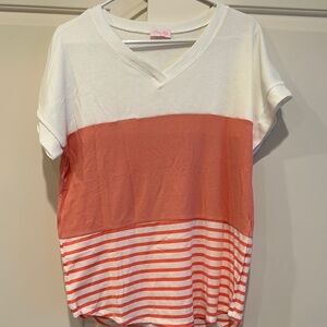 White and Coral Striped V-Neck Top